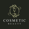 Initial letter v cosmetics, beauty fashion, wedding, jewelry, boutique, floral and botanical logo design graphics concept Royalty Free Stock Photo