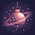 Cosmic Christmas ornament design featuring a glowing planet with rings and stars Royalty Free Stock Photo