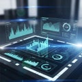 Futuristic data visualization interface with multiple digital displays and graphs Royalty Free Stock Photo