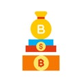 Bitcoin and dollar coins stacked with money bag Royalty Free Stock Photo