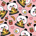 Seamless pattern of cute teddy panda bear with various food sticker pastel pink background.Pizzant Royalty Free Stock Photo