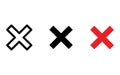 Three distinct cross symbols in black white and red for rejection or error indication Royalty Free Stock Photo