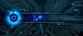 Futuristic digital circuit design displaying intricate blue circuit patterns on a dark background. Royalty Free Stock Photo