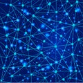 Network of interconnected blue nodes linked by lines, creating a web-like pattern against a dark blue background. Royalty Free Stock Photo