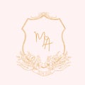 Elegant golden M A initial floral wedding monogram on light pink, invitation design, wedding crest Royalty Free Stock Photo