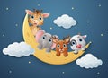 Cute baby animals cartoon on the moon Royalty Free Stock Photo