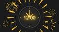 New Year\'s Eve Midnight with Glowing Clock and Fireworks Royalty Free Stock Photo