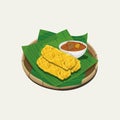 Vector illustration of Malaysia famous food, Roti Jala or Roti Kirai served with chicken curry on banana leaves and bamboo plate Royalty Free Stock Photo