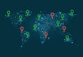 Vector world map made with lines and glowing points with red and green pointers. Royalty Free Stock Photo