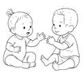 Two cartoon babies are sitting facing each other. Royalty Free Stock Photo
