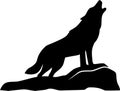 Howling Wolf Silhouette on Rock, Wild Animal Vector Illustration, Black Figure on Transparent Background, Nature and Wildlife. Royalty Free Stock Photo