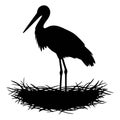 Black stork silhouette vector graphic in nest illustration wildlife animal bird design clip art isolated image Royalty Free Stock Photo