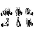 Vector illustration of beer in glass can and bottle with hand holding for bar pub and brewery concept Royalty Free Stock Photo