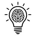 Illustration of a lightbulb with a brain inside and radiating lines on a white background Royalty Free Stock Photo