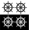Four ship wheels in black and white with different color schemes on a split background design Royalty Free Stock Photo