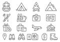 Travel and adventure outline icon set with backpack, tent, campfire, mountains, luggage and airplane Royalty Free Stock Photo