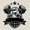 Illustrated logo of hand holding dumbbell with stars and shield banner in black and white vector art Royalty Free Stock Photo
