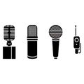 A graphic illustration of three different microphones and a wireless transmitter in black and white Royalty Free Stock Photo