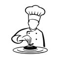 A black and white illustration of a chef in a traditional uniform, featuring a tall hat and double-breasted jacket. Royalty Free Stock Photo