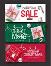 Christmas Clipart Banners Set with Red, White and Green Background with Holiday elements Royalty Free Stock Photo