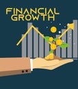 graphic representation of financial growth features a hand holding a plant, coin-like symbols as fruit, Royalty Free Stock Photo