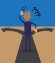 Cartoon illustration of a person standing at a three-way intersection, arrows pointing in different directions on a road. Royalty Free Stock Photo