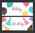 Set of Horizontal Birthday Banners with Hand-Drawn Patterned Balloons and Party Hats Illustrations Royalty Free Stock Photo