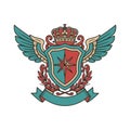 Winged heraldic shield with crown, laurel wreath and compass star ? vector emblem Royalty Free Stock Photo