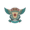 Winged heraldic shield with crown, laurel wreath and compass star, (crowned shield with wings, laurel and ribbon banner) Royalty Free Stock Photo