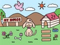 Hand drawn vector illustrations of scenery background with puppy, dog house, pet food, bone, ball, bird, mountain Royalty Free Stock Photo