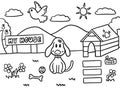 Hand drawn vector outlines of scenery background with puppy, dog house, pet food, bone, ball, bird, mountain Royalty Free Stock Photo
