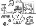 Cute hand drawn vector outlines of living room with cat, drawer, cat bed, food and water bowl, food bag, cat condo, toy Royalty Free Stock Photo