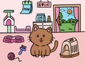 Cute hand drawn vector illustrations of living room with cat, drawer, cat bed, food and water bowl, food bag, cat condo Royalty Free Stock Photo