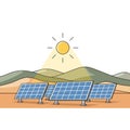 Illustration of voltaic solar panels in desert terrain with hills at the background Royalty Free Stock Photo