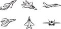 stylized black and white illustrations of six jet fighter designs Royalty Free Stock Photo