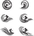 black and white surfing graphics featuring six stylized illustrations of surfers riding waves Royalty Free Stock Photo