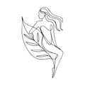 A minimalist line drawing features a woman with long flowing hair sitting gracefully on a large leaf. Royalty Free Stock Photo