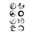 Nine black and white illustrations, each featuring a different motif within a circular frame. Royalty Free Stock Photo