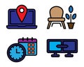 Creative workplace icons representing digital tasks, comfort elements, and time management Royalty Free Stock Photo
