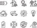 A collection of black and white line icons representing renewable energy and sustainability concepts Royalty Free Stock Photo
