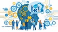 abstract illustration featuring a human head silhouette composed of interlocking blue and yellow gears and puzzle pieces Royalty Free Stock Photo
