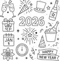 Black and White New Year 2026 Doodle Icons Set with Fireworks and Party Elements Royalty Free Stock Photo