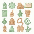 Vintage Islamic Architecture and Prayer Icons Doodle Set with Mosque Dome Hands and Lanterns Royalty Free Stock Photo