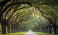 Beautiful avenue of old oak trees with hanging spanish moss sunlit pathway Royalty Free Stock Photo