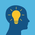 Idea concept with human head. Light bulb in a human head, concept of brainstorm or thinking emblem and unique idea. Royalty Free Stock Photo