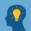 Idea concept with human head. Light bulb in a human head, concept of brainstorm or thinking emblem and unique idea. Royalty Free Stock Photo