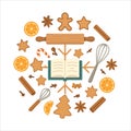 Christmas Baking Recipe Illustration with Gingerbread Cookies and Spices Royalty Free Stock Photo