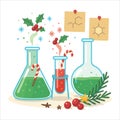 Christmas Chemistry Lab with Festive Flasks and Candy Canes Illustration Royalty Free Stock Photo