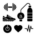 Fitness Vector Icon Set, Heart, Bottle, Shoe, Dumbbell Silhouettes Royalty Free Stock Photo
