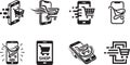 black and white vector illustrations depicting various smartphone icons related to online shopping Royalty Free Stock Photo